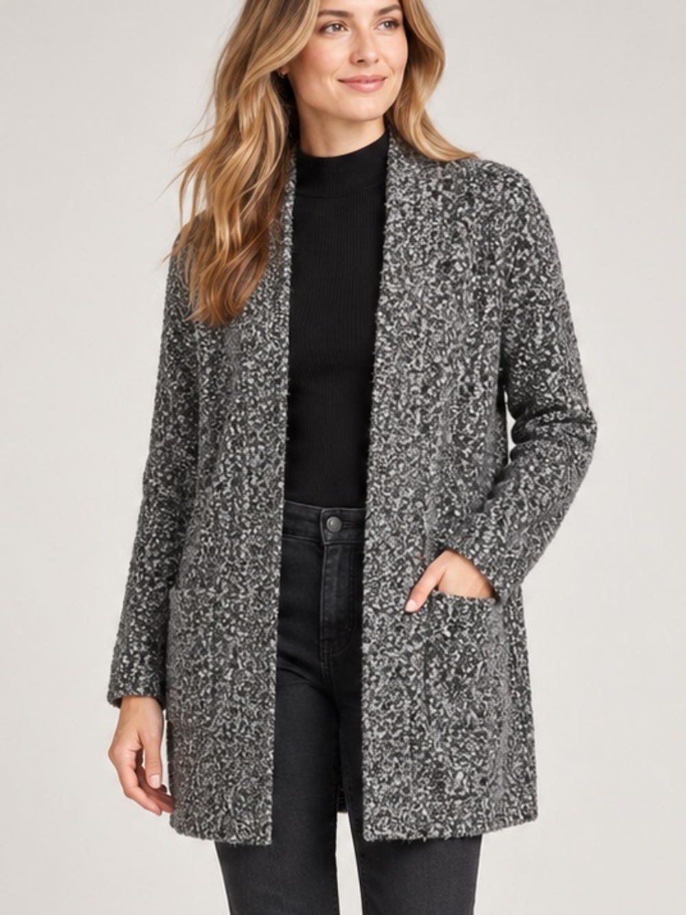Reitmans Grey Bouclé Open Front Long Cardigan Pockets XS